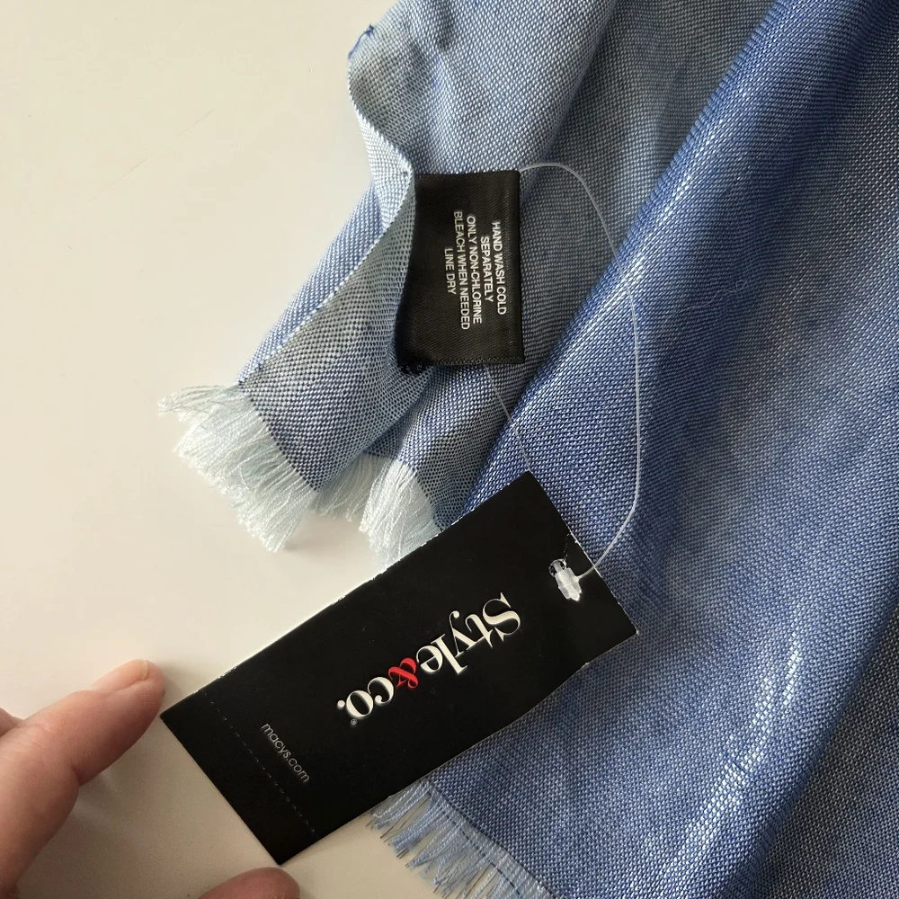 NWT Style & Co Blue‎ Teal Metallic Striped Check Chambray Scarf 25×80 Inches